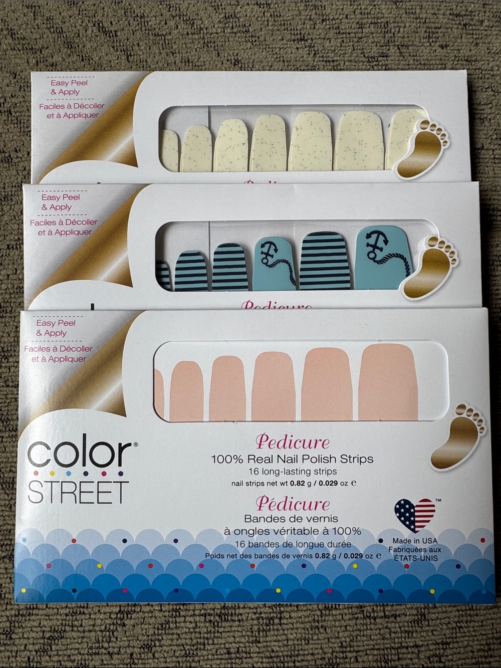 Color Street Pedicure Strip Bundle: Cream, Blue Stripe & Nude - NIP